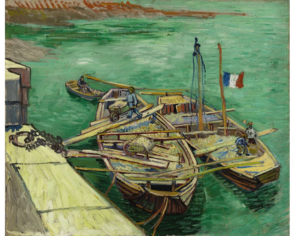 Quay with Men Unloading Sand Barges