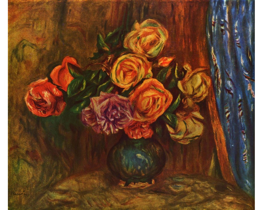 Still Life, Roses in Front of Blue Curtain