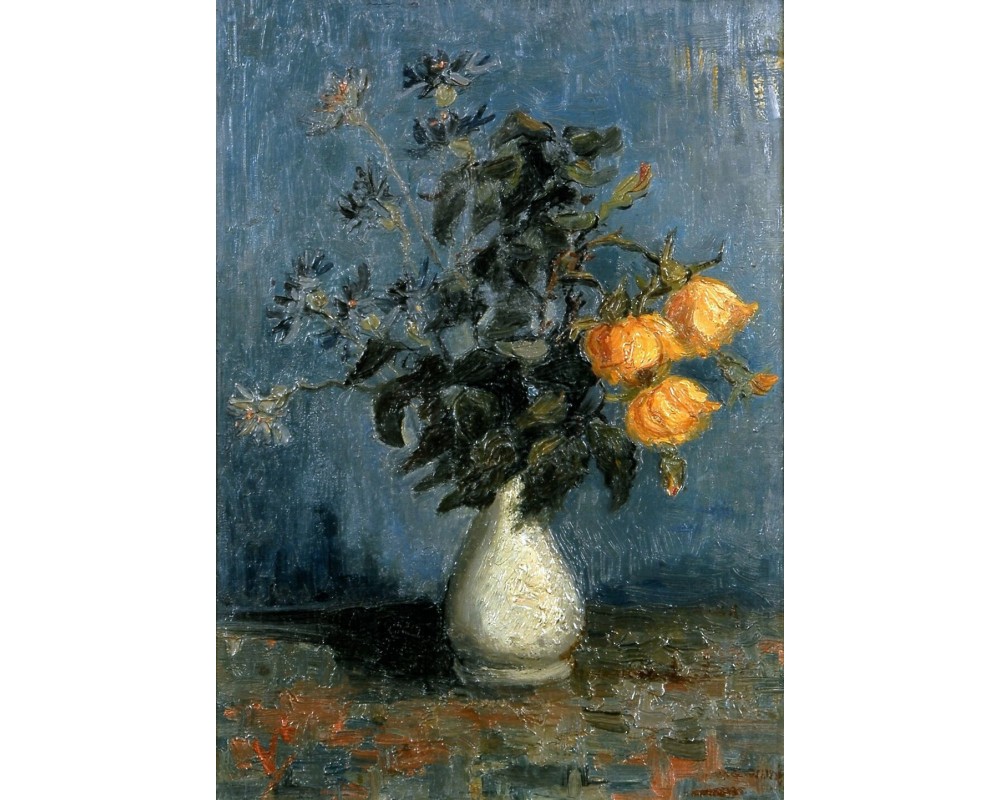 White Vase with Roses and Other Flowers